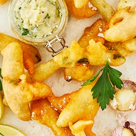 Hvide asparges med ansjoser og persille i Orly, butterbean/hvidløgsdip Hvide asparges med ansjoser og persille i Orly, butterbean/hvidløgsdip